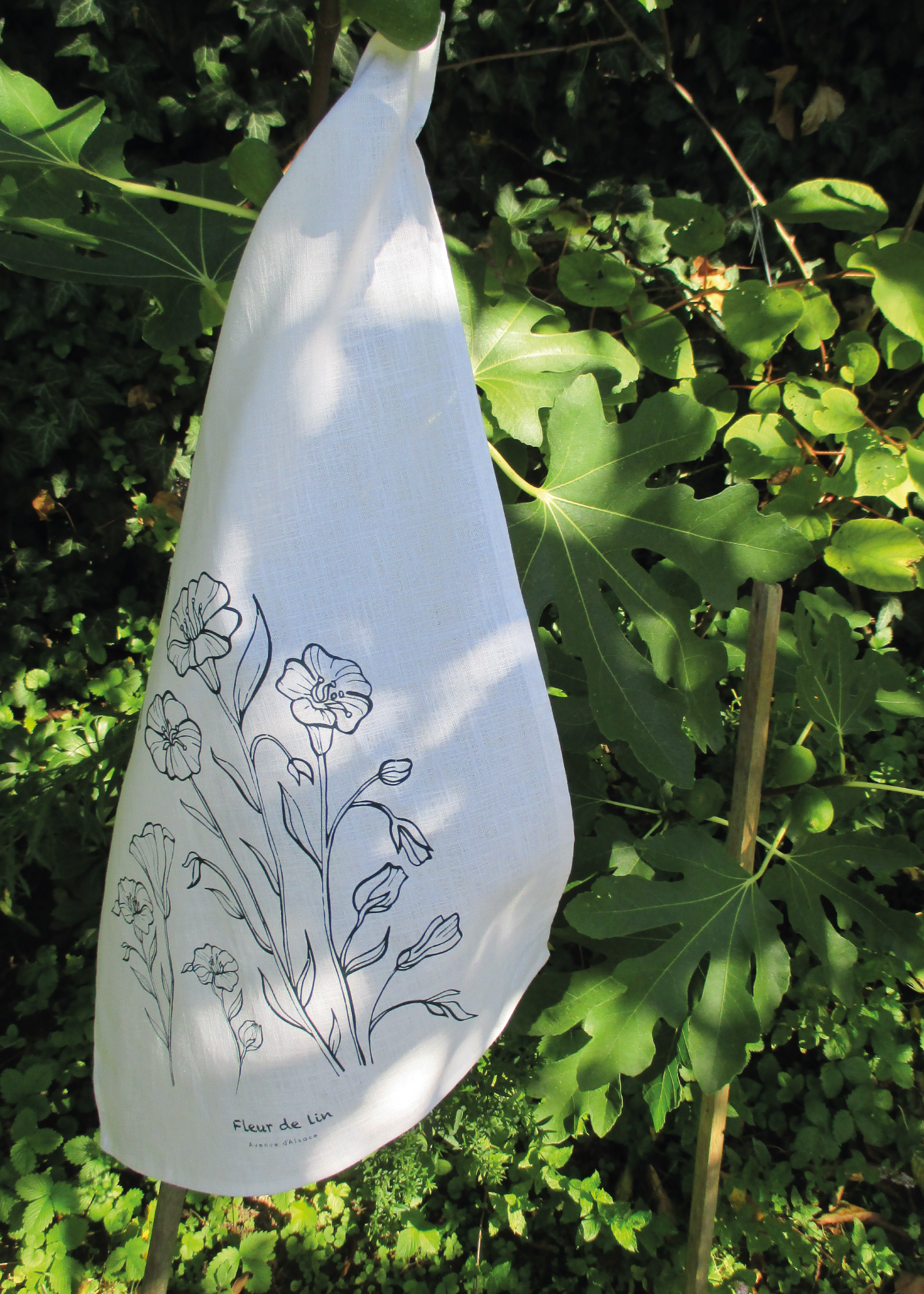Visuel de Torchon français FLEUR DE LIN - Herbier Torchon imprimé de fleurs de lin sur fond blanc en ramie/coton