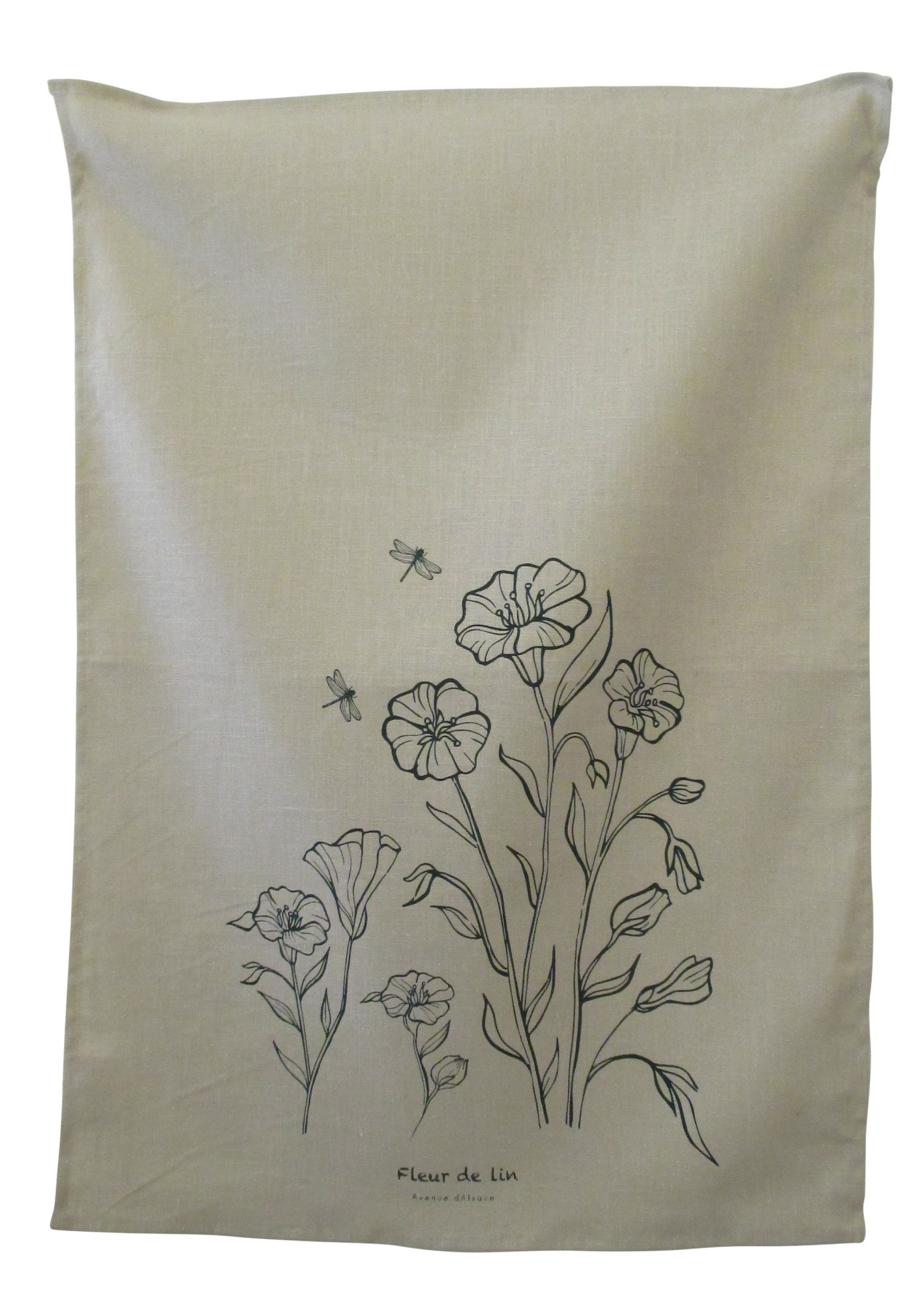 Visuel deTorchon français FLEUR DE LIN - Herbier Torchon imprimé de fleurs de lin sur fond blanc en ramie/coton