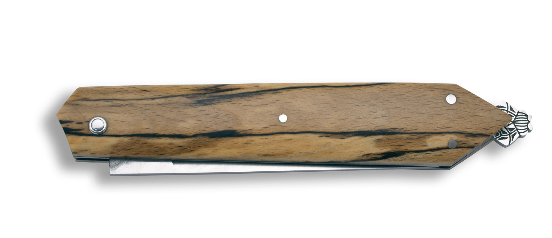 Visuel deLaguiole Bee-back - Couteau pliant Laguiole en Aubrac Couteau pliant plein manche 11cm fabriqué à la main en bois de Hêtre de l'Aubrac. Sa mouche stylisée se trouve à l'arrière du couteau et permet le déblocage de la lame pour l'ouverture.