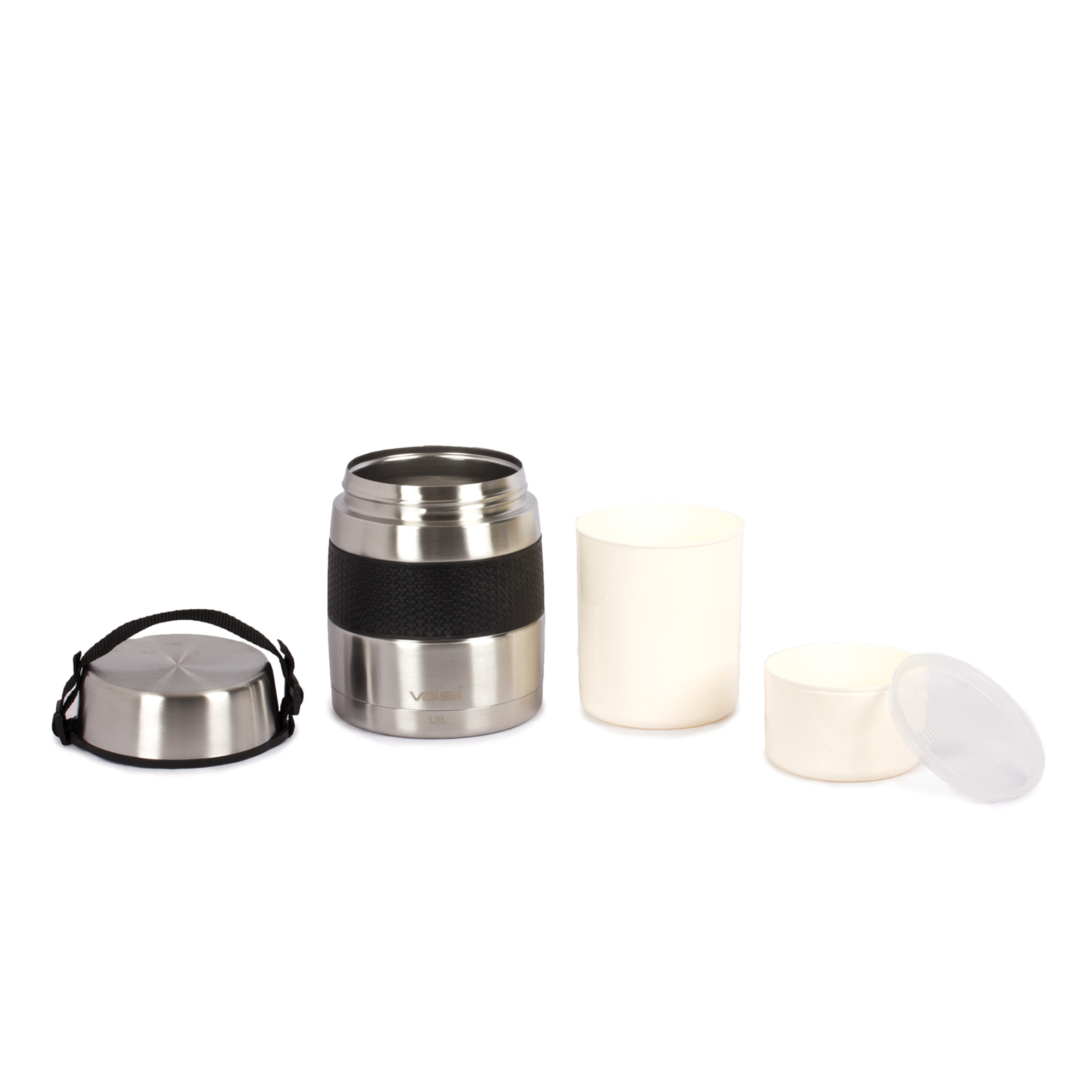 Visuel de Boîte à repas isotherme, 1l, inox 18/10 - Valira Cette boîte repas au design moderne est compact et solie, elle contient une double paroi en acier inoxydable 18/10. Pratique : elle est équipée de 2 récipients amovibles sans BPA (0.7l et 0.3 l). Conserve le froid ou le chaud jusqu'à 6 heures.