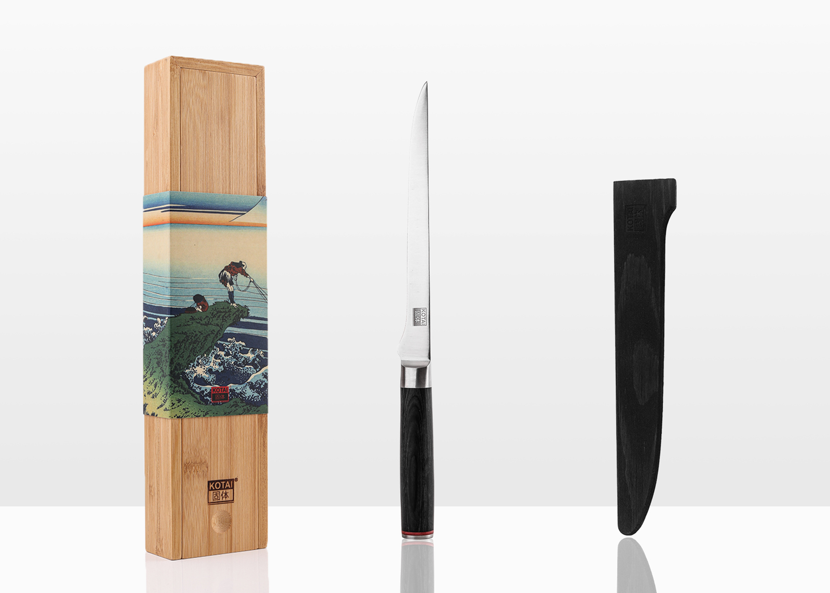 Couteau à poisson KOTAI (filet de sole) avec saya et boîte en bambou - lame 20 cm - Pakka