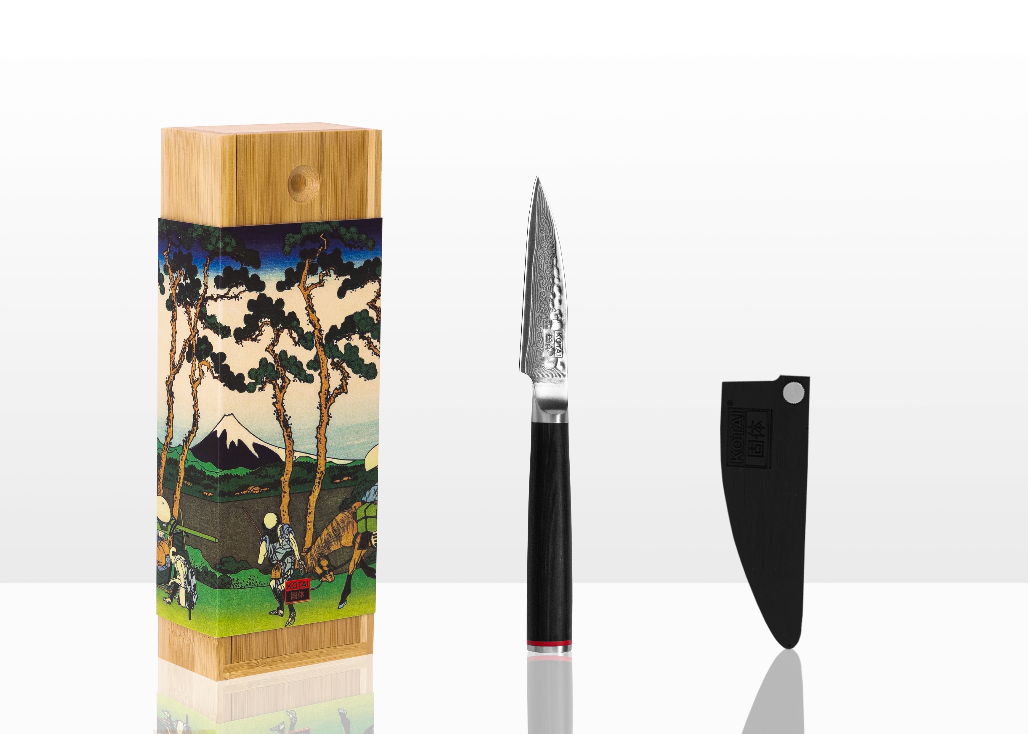 KOTAI Couteau d'Office Damas martelé avec saya et boîte en bambou - lame 90 mm - Collection Pakka DAMAS
