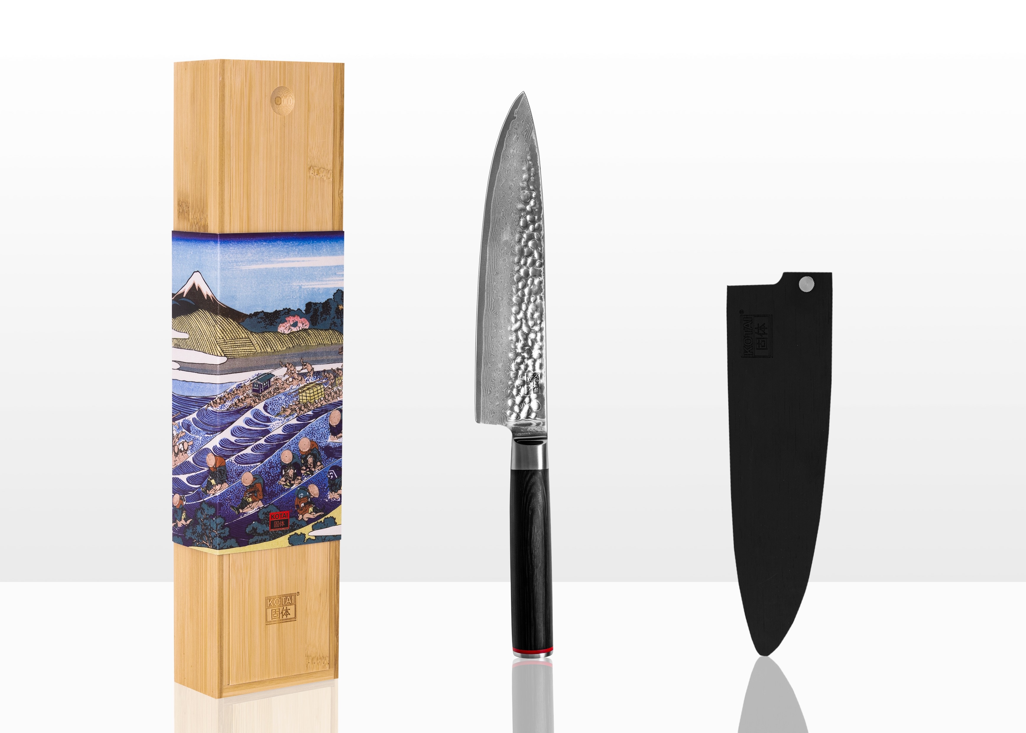 KOTAI Gyuto (couteau de chef) Damas martelé - avec saya et boîte en bambou - lame 200 mm - Collection Pakka Damas