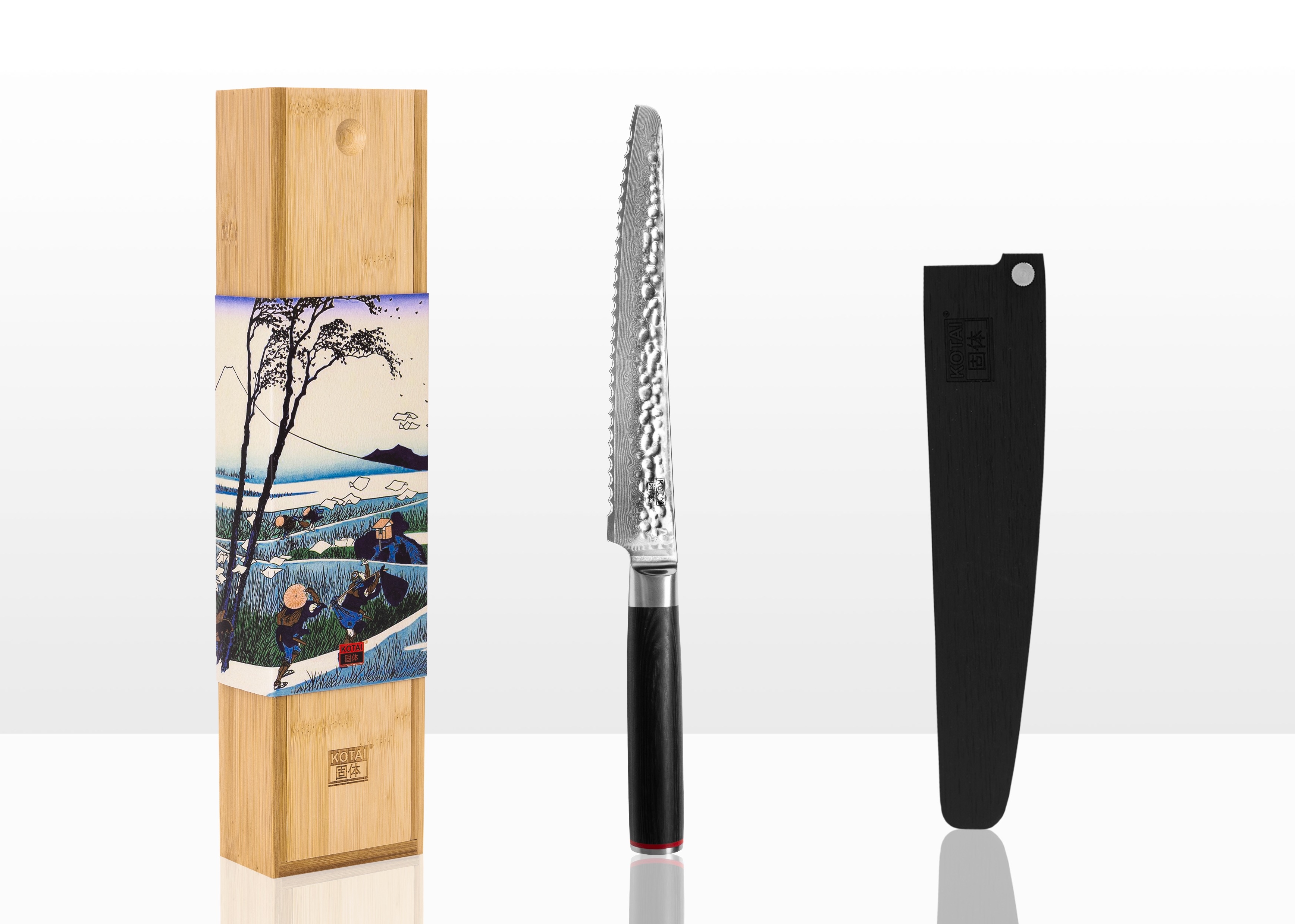 KOTAI Couteau à Pain Damas martelé - avec saya et boîte en bambou - lame 200 mm - Collection Pakka Damas