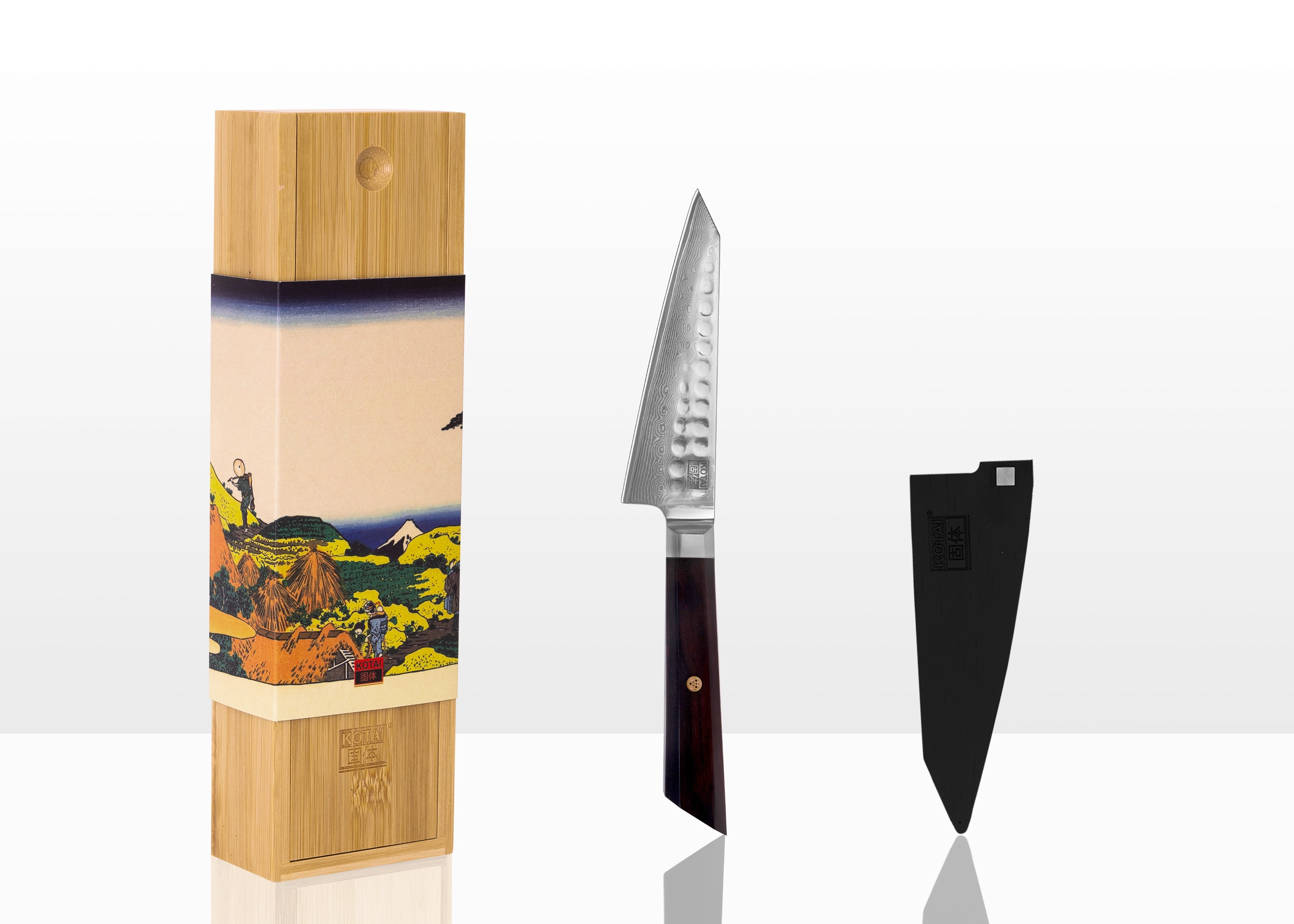 KOTAI Petty (couteau universel) Bunka Damas martelé - avec saya et boîte en bambou - lame 135 mm - Collection Bunka Damas