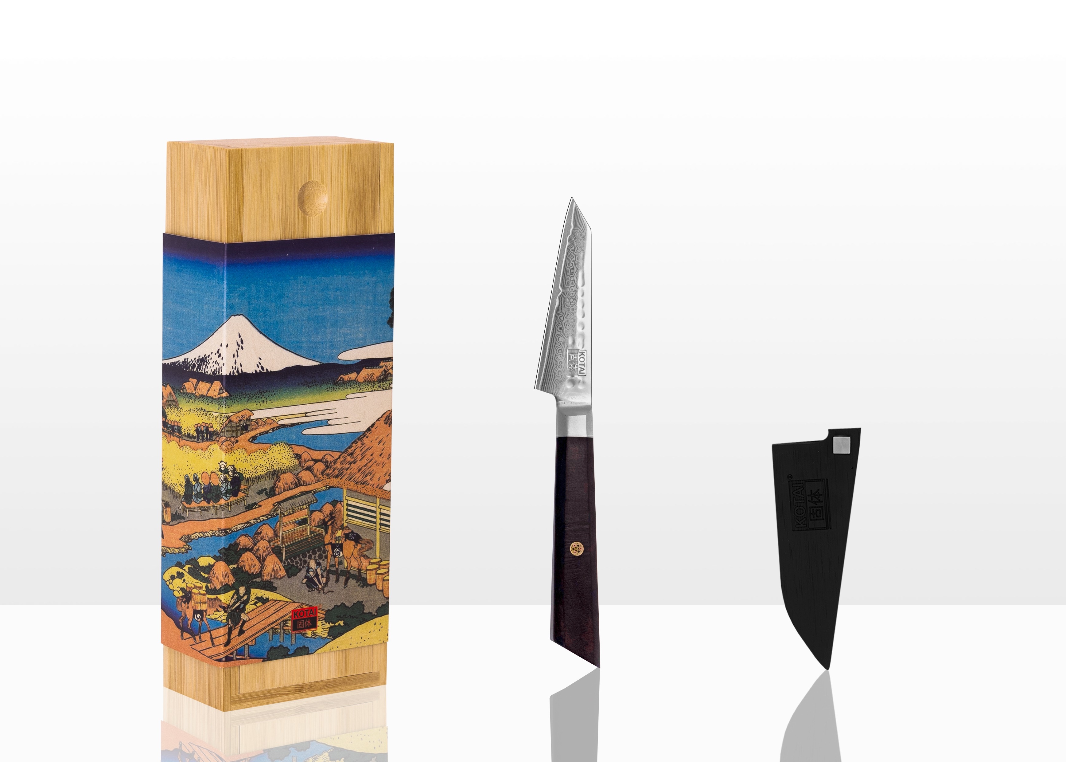 KOTAI Couteau d’office Bunka Damas martelé - avec saya et boîte en bambou - lame 90 mm - Collection Bunka Damas