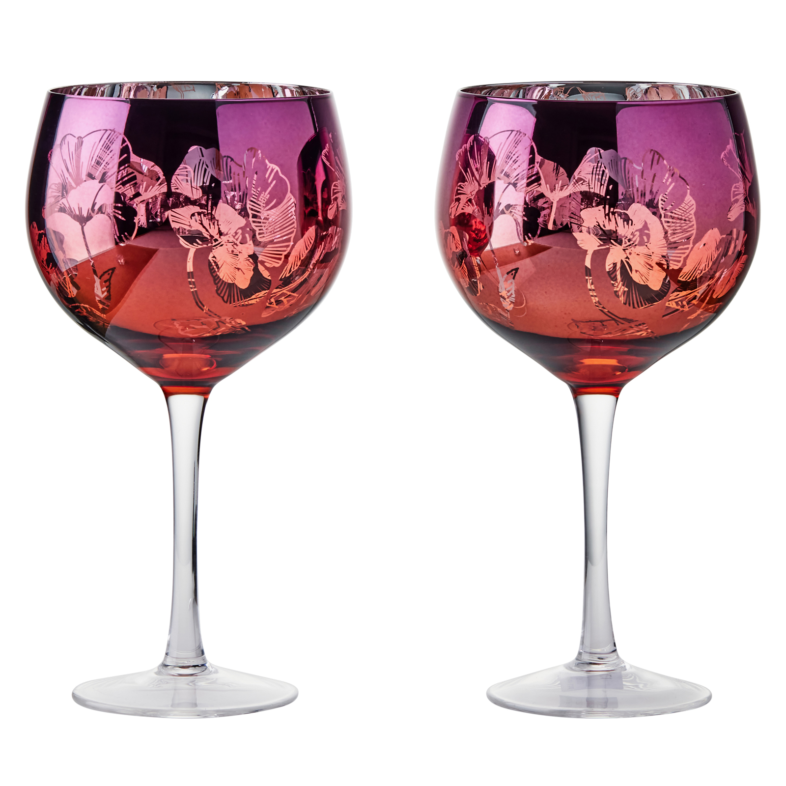 Visuel de Lot de 2 verres à gin by Artland - Bloom Un décor magnifique avec un design détaillé rose, orange et argent, ces verres à gin exclusif comportent un bouquet de fleurs miroir, le tout sur un grand bol incurvé, et une tige haute pour une élégance ultime