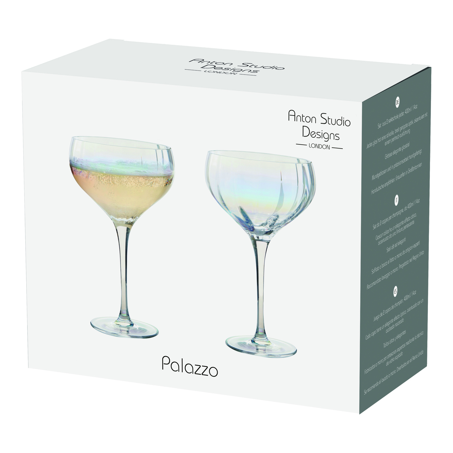 Visuel de Palazzo - Coupes à champagne, Set 2 - Anton Studio Designs Élevez votre table avec les superbes verres Palazzo. Leur élégance réside dans leurs longues tiges et leur profil élancé, apportant sophistication à chaque occasion. L'optique verticale sur les bols crée une finition perle élégante pour une touche de